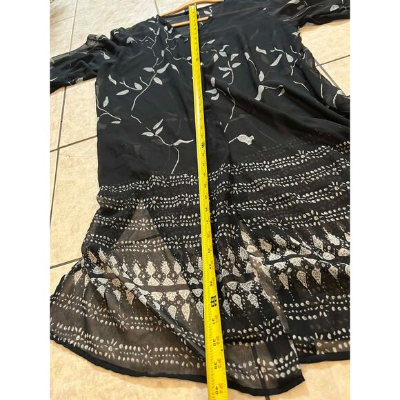 2X Black and White Leaf Vine Shift Dress Sheer Chiffon Button Up Flowy Boho - Picture 9 of 10